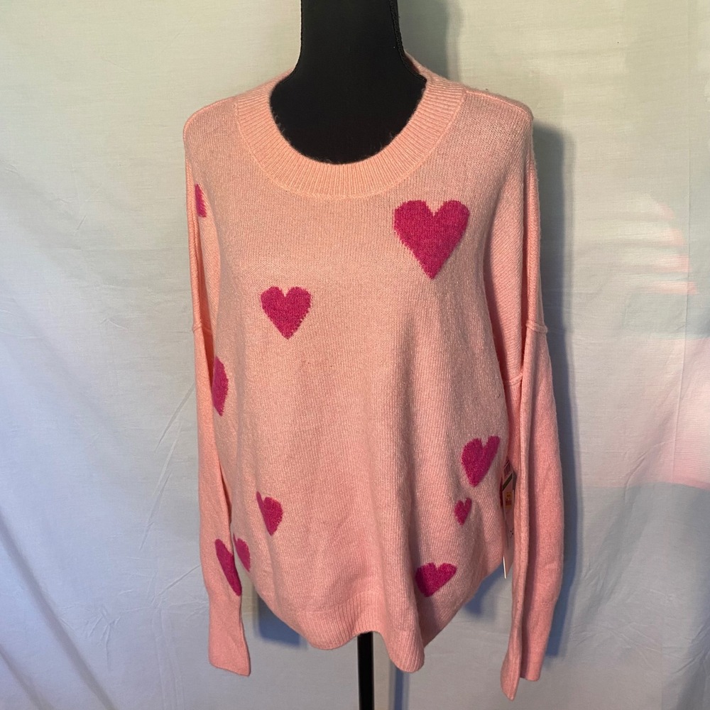 CeCe Pink Heart Sweater Crewneck Long Sleeve Casual Women's Size L